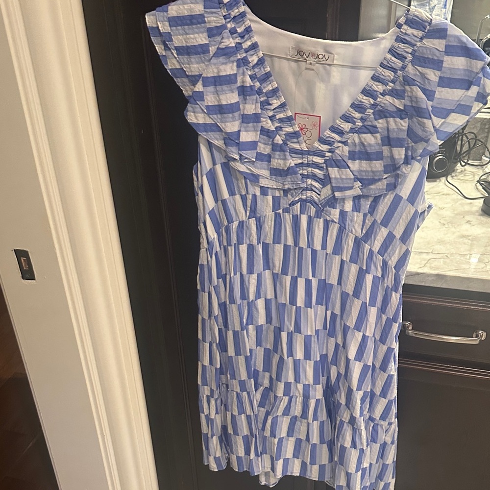 Joy Joy Blue & White Striped Ruffle V-Neck Dress